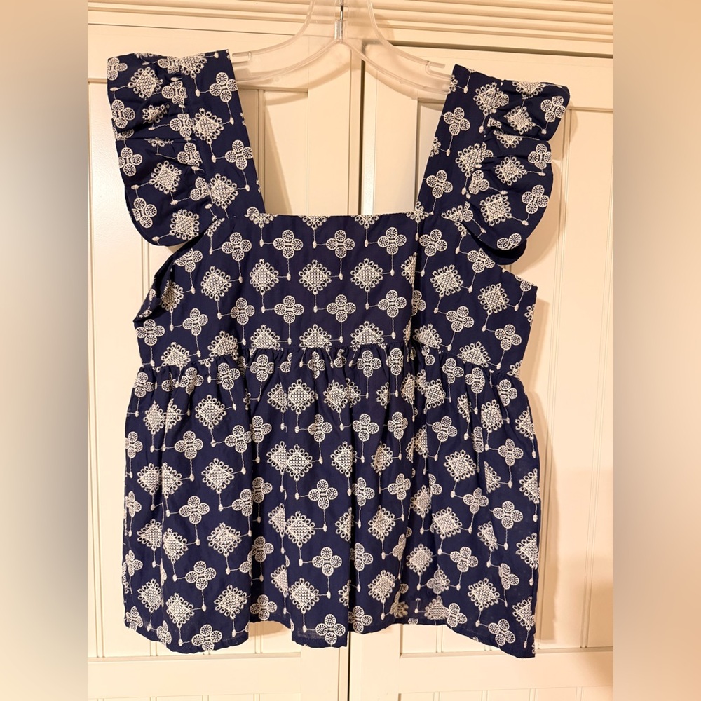 THML Navy Blue and White Ruffled Sleeve Square Neck Top